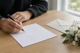 Mains rédigeant une annonce de décès sur une feuille blanche dans une ambiance sobre et lumineuse